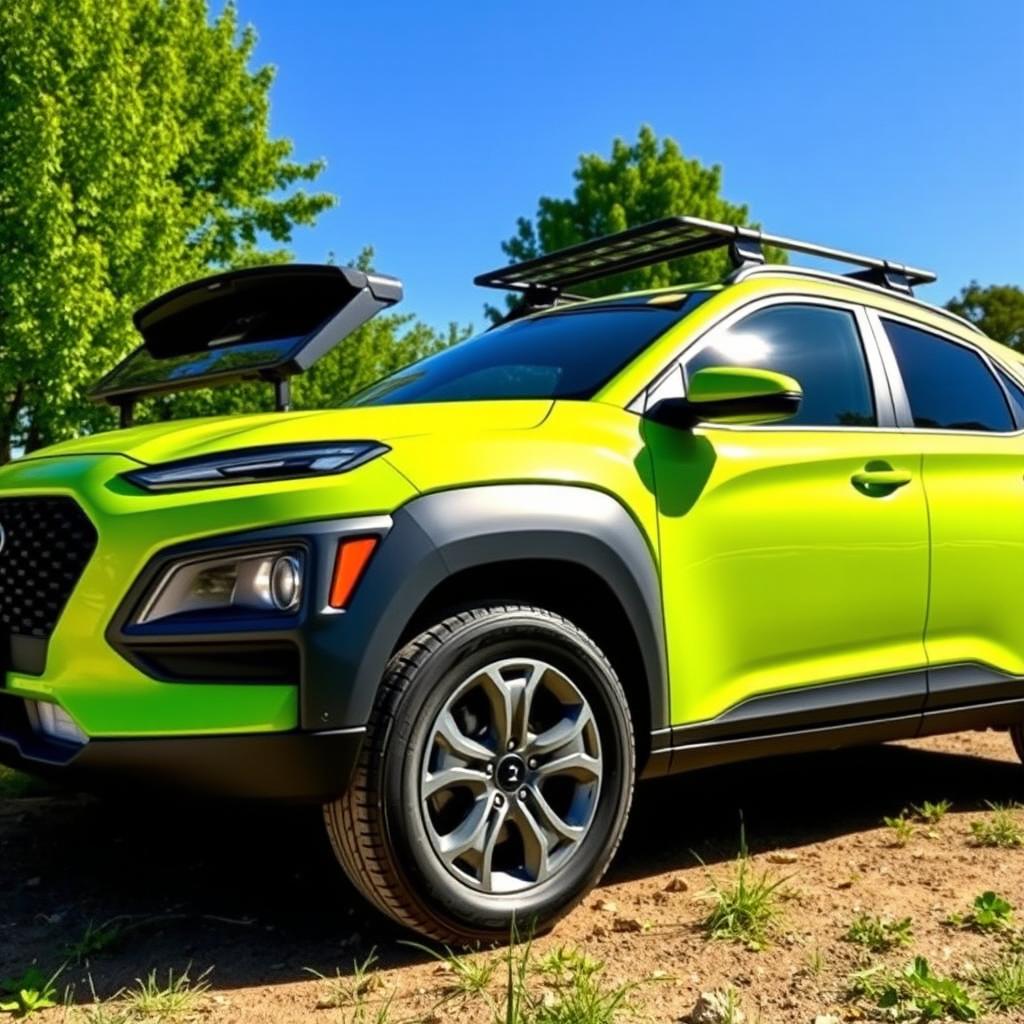 A vibrant lime green 2020 Hyundai Kona parked in a scenic outdoor setting