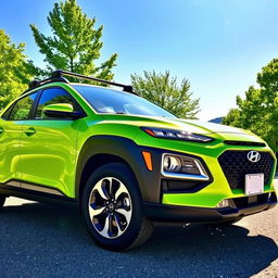 A vibrant lime green 2020 Hyundai Kona parked in a scenic outdoor setting