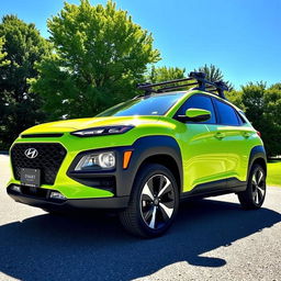 A vibrant lime green 2020 Hyundai Kona parked in a scenic outdoor setting