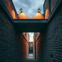 A detailed urban scene featuring two parallel brick walls, showcasing the texture and color variations of the bricks