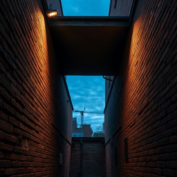 A detailed urban scene featuring two parallel brick walls, showcasing the texture and color variations of the bricks