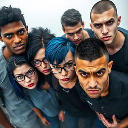 Five college students standing together in the center of the image, all displaying an angry expression