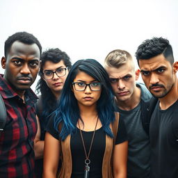 Five college students standing together in the center of the image, all displaying an angry expression