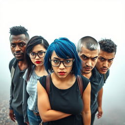 Five college students standing together in the center of the image, all displaying an angry expression
