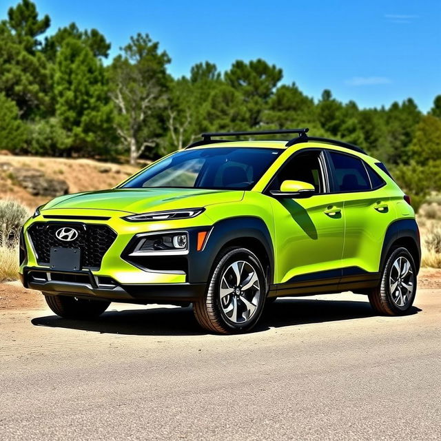 A lime green 2020 Hyundai Kona parked in a natural setting, showcasing its stylish design