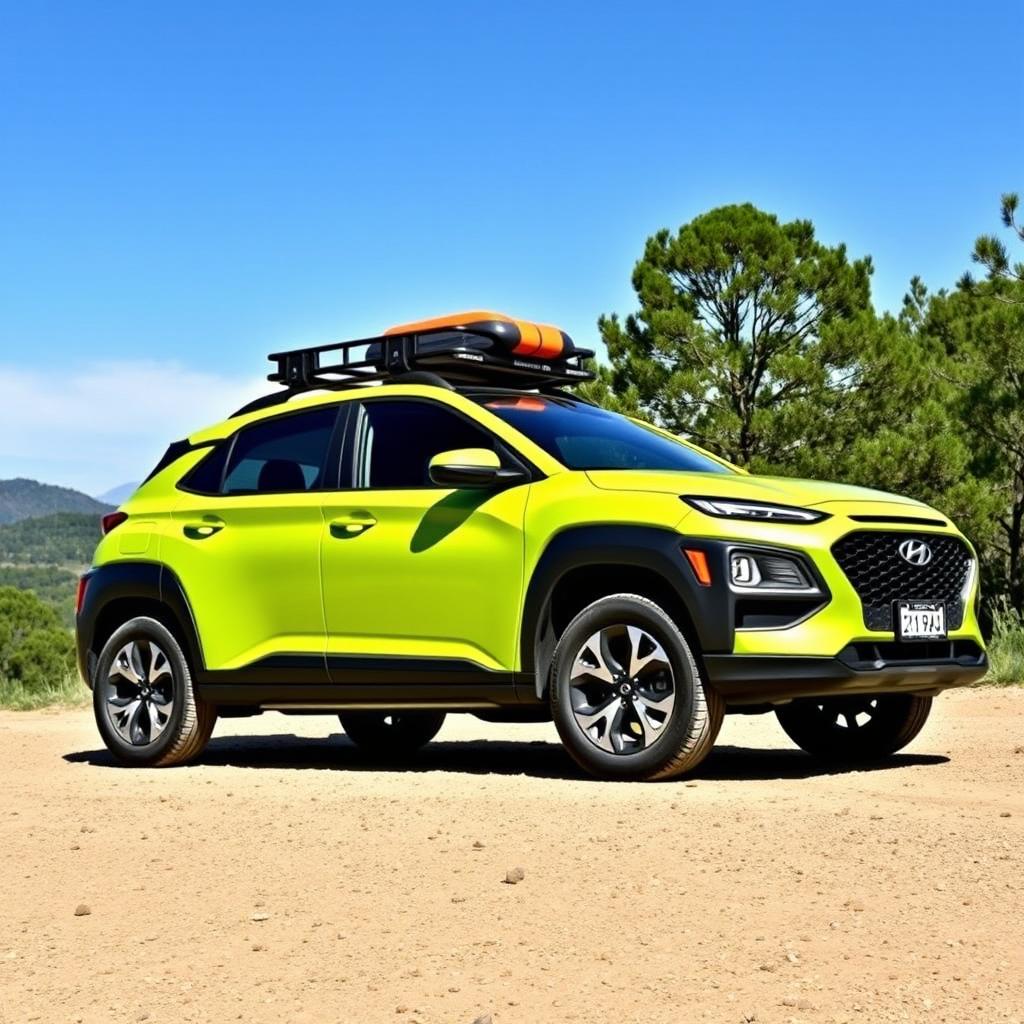 A lime green 2020 Hyundai Kona parked in a natural setting, showcasing its stylish design