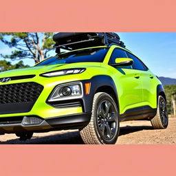 A lime green 2020 Hyundai Kona parked in a natural setting, showcasing its stylish design