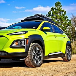A lime green 2020 Hyundai Kona parked in a natural setting, showcasing its stylish design