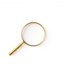 A clean and elegant image showcasing a 3D golden magnifying glass prominently placed in the center of a white screen