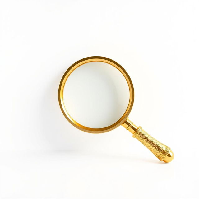 A clean and elegant image showcasing a 3D golden magnifying glass prominently placed in the center of a white screen