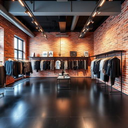 A modern clothing store interior featuring a stylish brick wall, illuminated by sleek directional ceiling lights