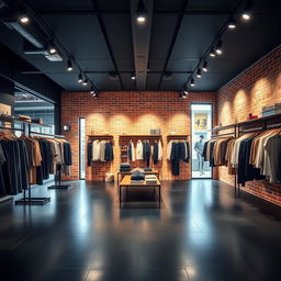 A modern clothing store interior featuring a stylish brick wall, illuminated by sleek directional ceiling lights