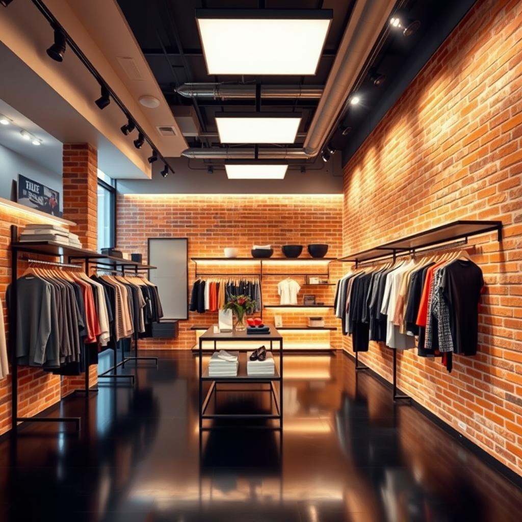 A modern clothing store interior featuring a stylish brick wall, illuminated by sleek directional ceiling lights