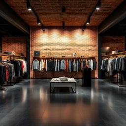 A modern clothing store interior featuring a stylish brick wall, illuminated by sleek directional ceiling lights