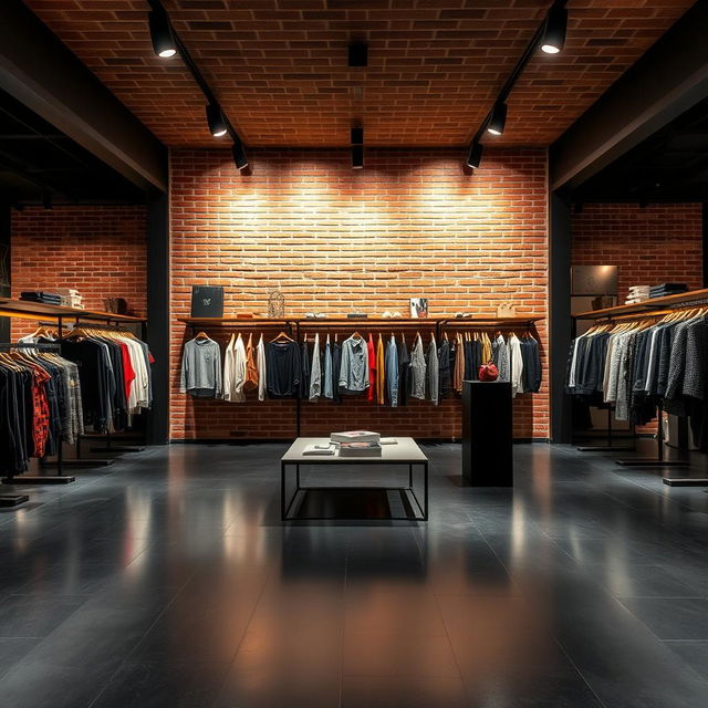 A modern clothing store interior featuring a stylish brick wall, illuminated by sleek directional ceiling lights