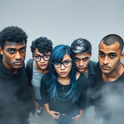 Five college students standing together in the center of the image, all looking directly at the camera with intense expressions