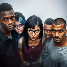Five college students standing together in the center of the image, all looking directly at the camera with intense expressions