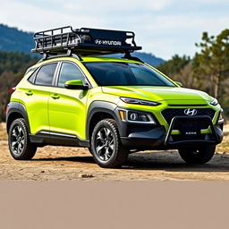 A vibrant lime green 2020 Hyundai Kona parked off-road