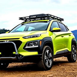 A vibrant lime green 2020 Hyundai Kona parked off-road