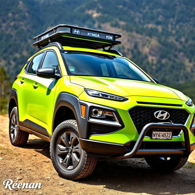 A vibrant lime green 2020 Hyundai Kona parked off-road