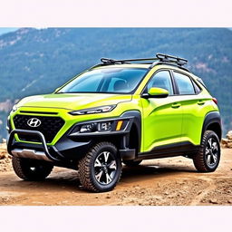 A vibrant lime green 2020 Hyundai Kona parked off-road