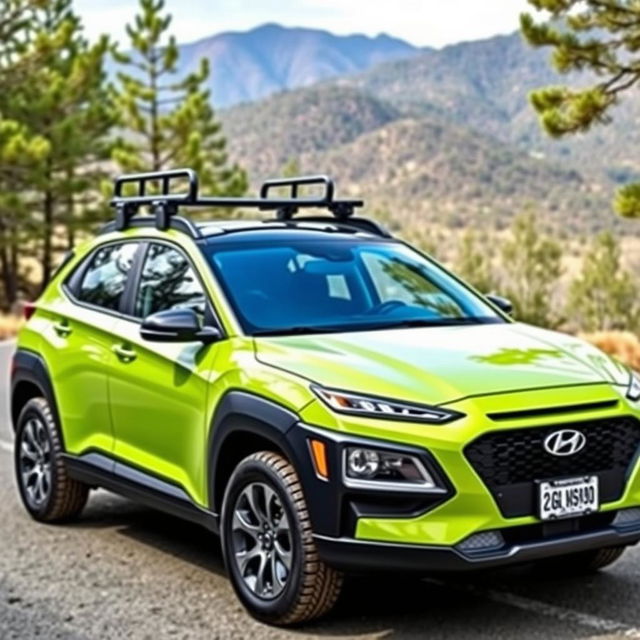 A lime green 2020 Hyundai Kona parked in an outdoor setting, showcasing its unique features