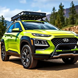 A lime green 2020 Hyundai Kona parked in an outdoor setting, showcasing its unique features