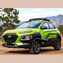 A lime green 2020 Hyundai Kona parked in an outdoor setting, showcasing its unique features