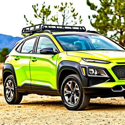 A lime green 2020 Hyundai Kona parked in an outdoor setting, showcasing its unique features