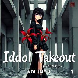 A thriller manga cover featuring a tall girl with long black hair and emotionless purple eyes, wearing a black lolita dress