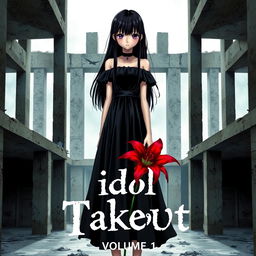 A thriller manga cover featuring a tall girl with long black hair and emotionless purple eyes, wearing a black lolita dress
