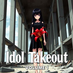 A thriller manga cover featuring a tall girl with long black hair and emotionless purple eyes, wearing a black lolita dress