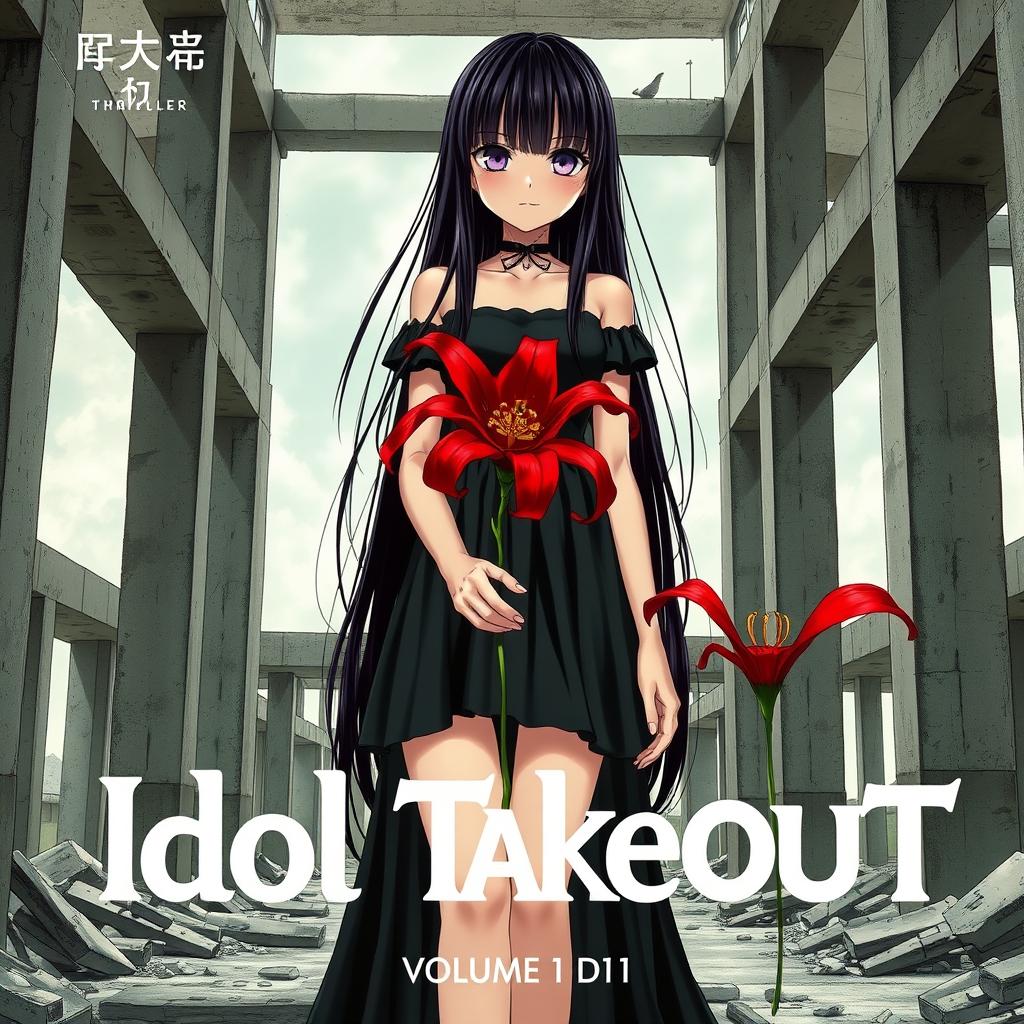 A thriller manga cover featuring a tall girl with long black hair and emotionless purple eyes, wearing a black lolita dress