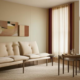 An elegantly designed room with modern furniture, natural light, and minimalistic decor. A harmonious blend of neutral and vivid colors adds warmth and character.