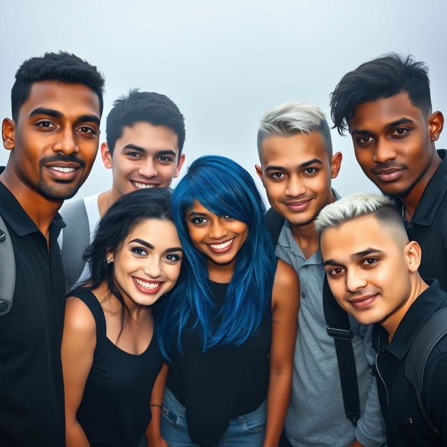 Five college students posing together in a foggy background, centered and facing the camera