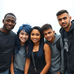 Five college students posing together in a foggy background, centered and facing the camera