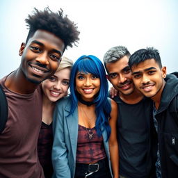 Five college students posing together in a foggy background, centered and facing the camera