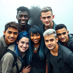 Five college students posing together in a foggy background, centered and facing the camera