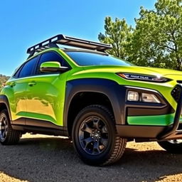 A lime green 2020 Hyundai Kona parked in an outdoor setting, showcasing a roof rack on top, black fender flares accentuating its sporty look, a sturdy bumper guard providing an adventurous appeal, and rugged off-road wheels designed for challenging terrains