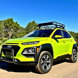 A lime green 2020 Hyundai Kona parked in an outdoor setting, showcasing a roof rack on top, black fender flares accentuating its sporty look, a sturdy bumper guard providing an adventurous appeal, and rugged off-road wheels designed for challenging terrains