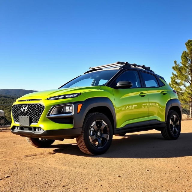 A lime green 2020 Hyundai Kona parked in an outdoor setting, showcasing a roof rack on top, black fender flares accentuating its sporty look, a sturdy bumper guard providing an adventurous appeal, and rugged off-road wheels designed for challenging terrains