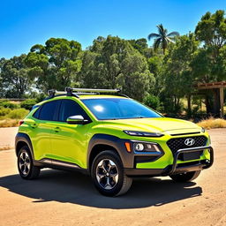 A lime green 2020 Hyundai Kona parked in an outdoor setting, showcasing a roof rack on top, black fender flares accentuating its sporty look, a sturdy bumper guard providing an adventurous appeal, and rugged off-road wheels designed for challenging terrains