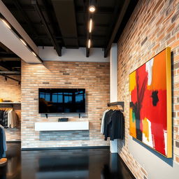 A chic clothing store interior featuring a textured interior brick wall