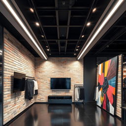 A chic clothing store interior featuring a textured interior brick wall