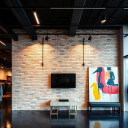 A chic clothing store interior featuring a textured interior brick wall