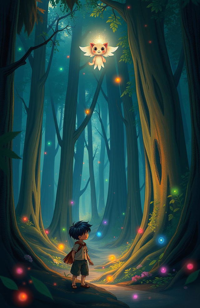 A magical and mysterious forest scene featuring Aksara, a curious black-haired boy in simple clothing, standing at the edge of a dense, colorful forest with towering trees surrounding him