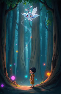 A magical and mysterious forest scene featuring Aksara, a curious black-haired boy in simple clothing, standing at the edge of a dense, colorful forest with towering trees surrounding him