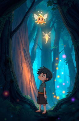 A magical and mysterious forest scene featuring Aksara, a curious black-haired boy in simple clothing, standing at the edge of a dense, colorful forest with towering trees surrounding him