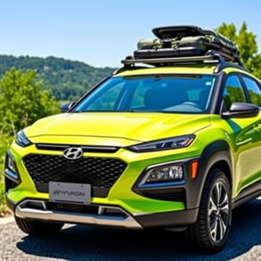 A vibrant lime green 2020 Hyundai Kona parked in a scenic outdoor location, showcasing its sporty design