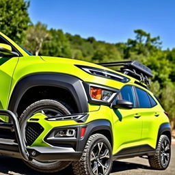 A vibrant lime green 2020 Hyundai Kona parked in a scenic outdoor location, showcasing its sporty design